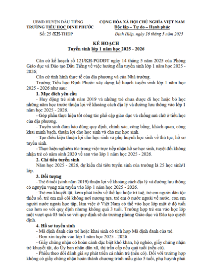 Kế hoạch Tuyển sinh lớp 1 năm học 2025-2026