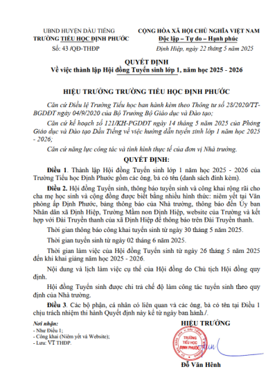 Quyết định về việc thành lập Hội đồng Tuyển sinh lớp 1, năm học 2025-2026