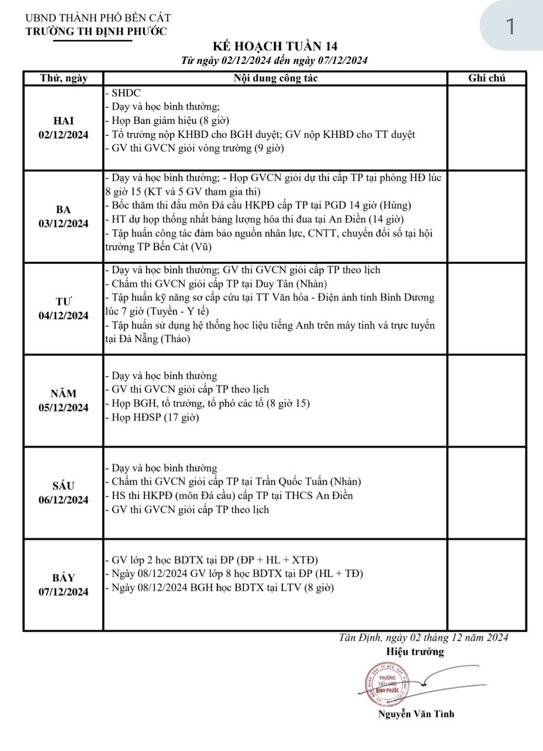 KẾ HOẠCH TUẦN 14